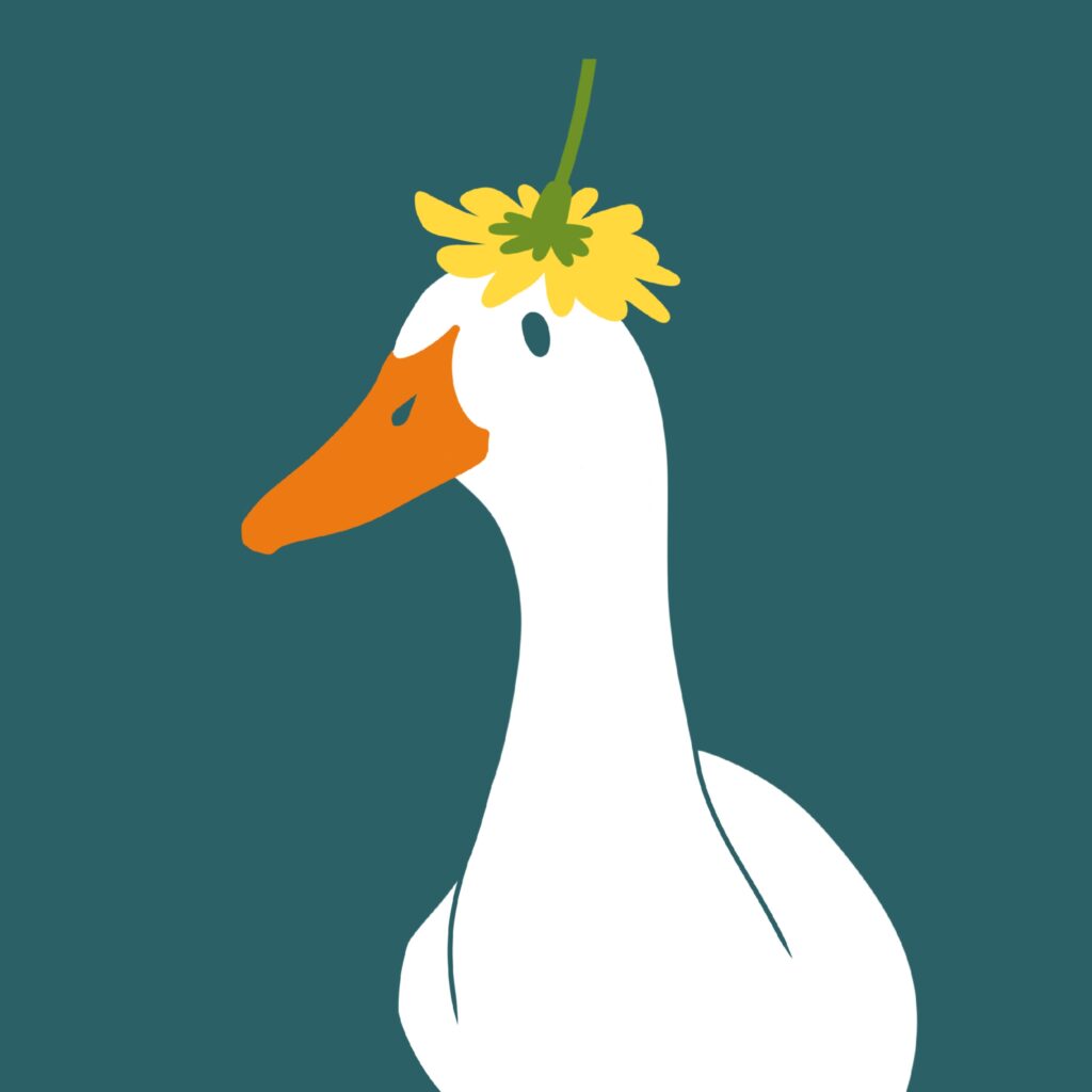 Eine weiße Gans mit einem Löwenzahl auf dem Kopf