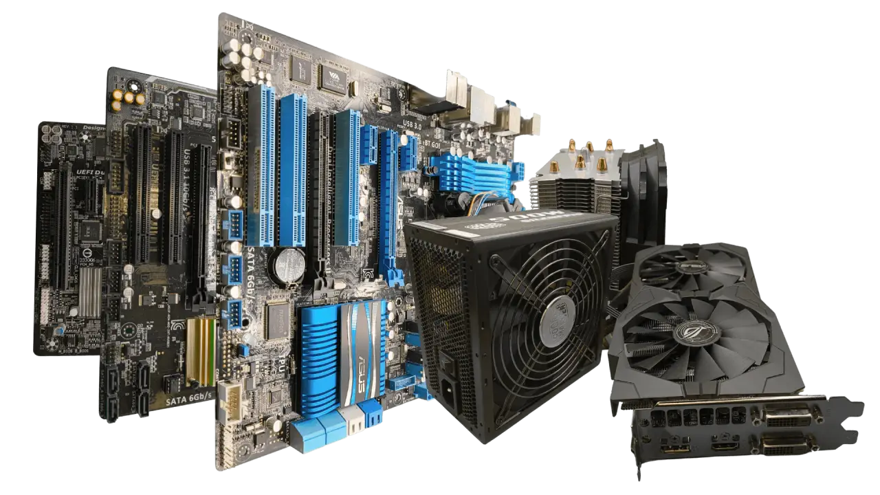 Mehrere Computer-Hauptplatinen (Mainboards) stehen nebeneinander, begleitet von weiteren PC-Komponenten wie einem Netzteil, einem großen CPU-Kühler und einer modernen Grafikkarte mit zwei Lüftern. Die Komponenten sind freigestellt und vor einem transparenten Hintergrund dargestellt.